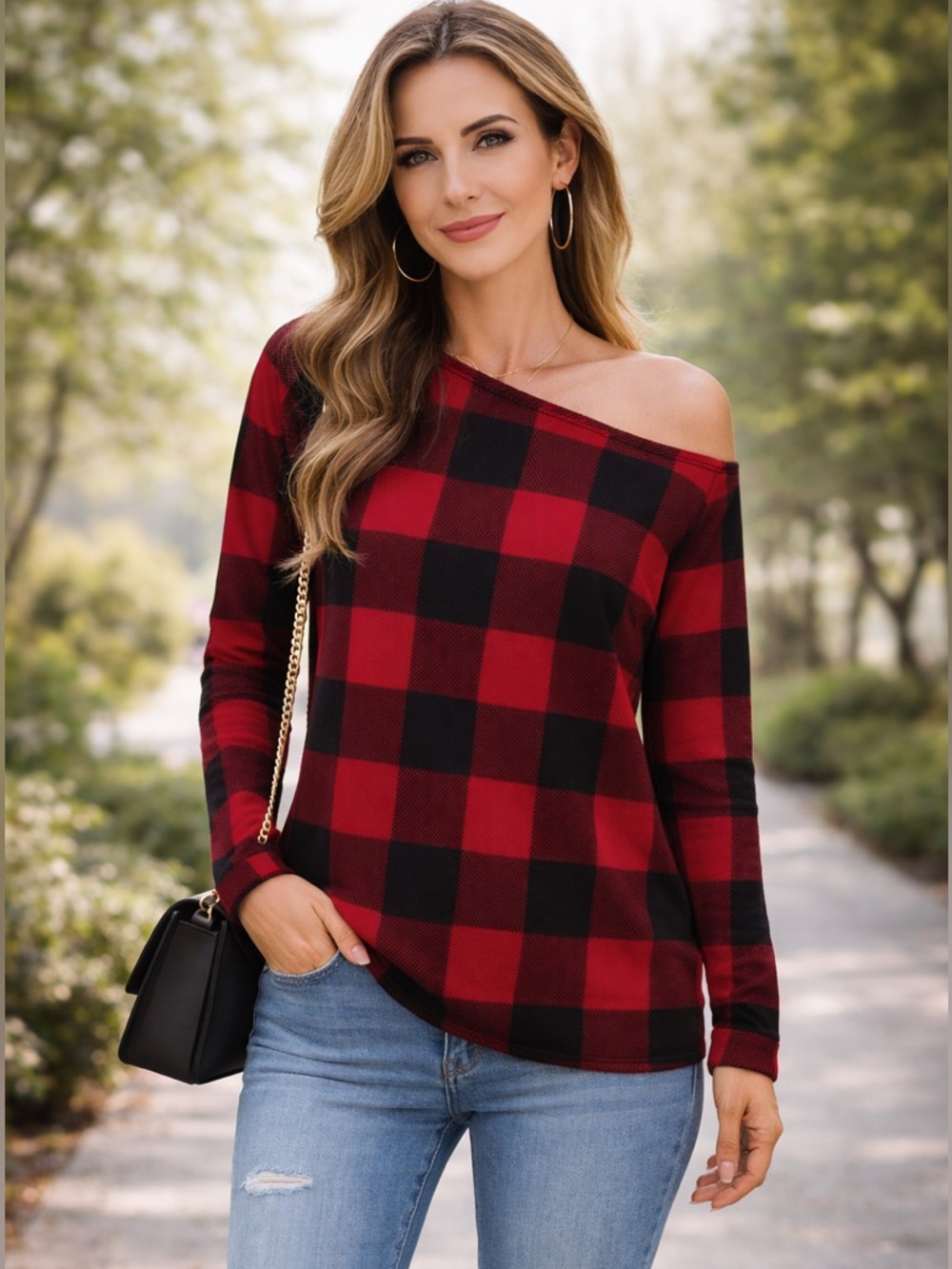 White Birch Women’s Red & Black Buffalo Plaid Off Shoulder
Top Size L USA Made